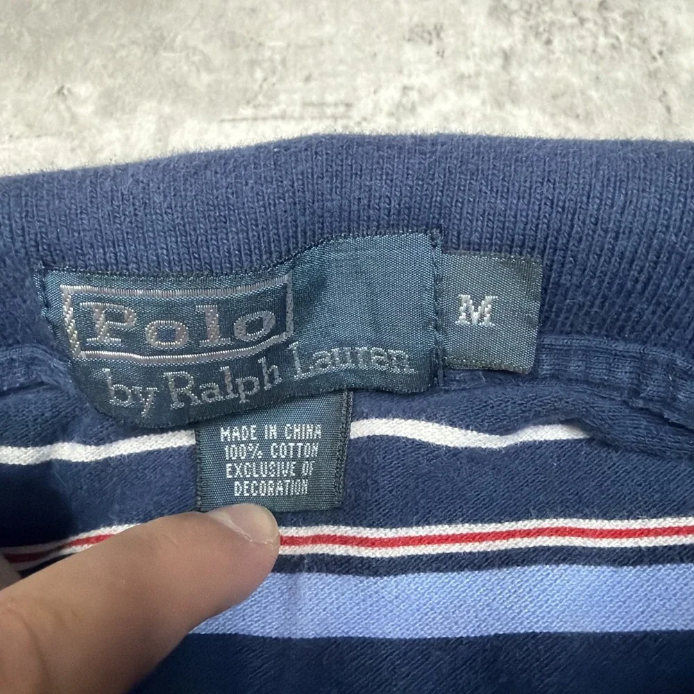 Vintage 90s Polo Ralph Lauren Mens M Blue Striped Short Sleeve Polo Knit USA